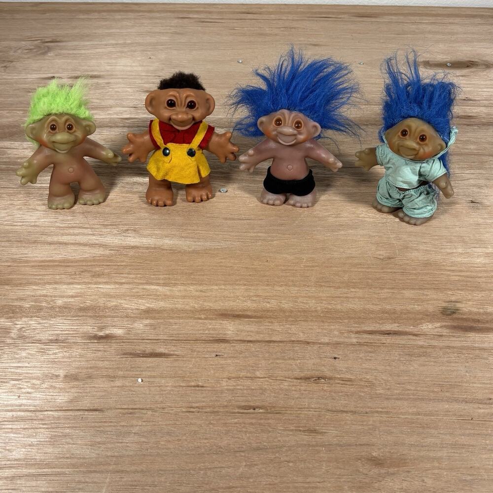 Vintage 1986 Dam Troll Dolls Lot of 4 Blue Green Brown Hair Figures China